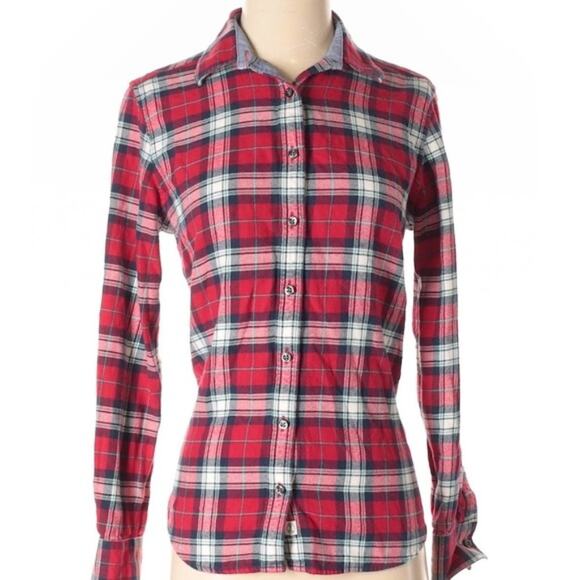 Lands’ End red white Twilightcore plaid checkered button down shirt xs - Picture 1 of 8